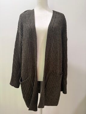 Pink Rose Ribbed Open-Front Cardigan Sweater - Dark Green